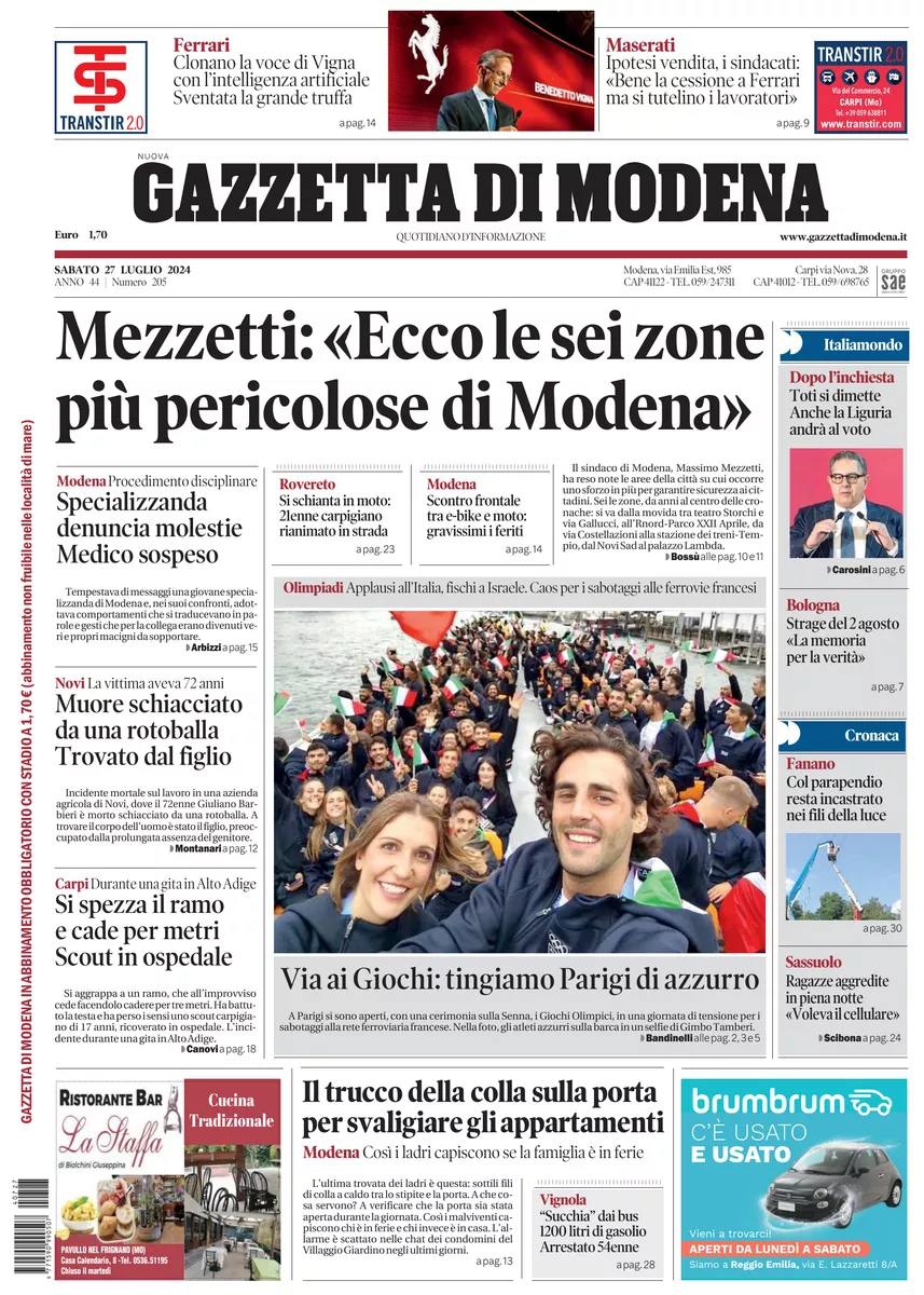 Prima-pagina-gazzetta di modena-oggi-edizione-del-2024-07-27